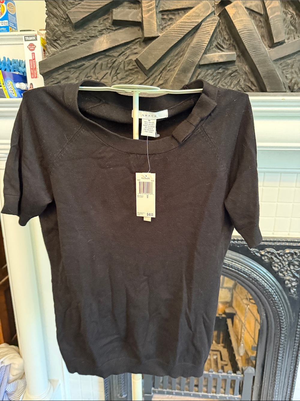 Grace Black Short Sleeve sweater with bow neck - NWT. Retail 48